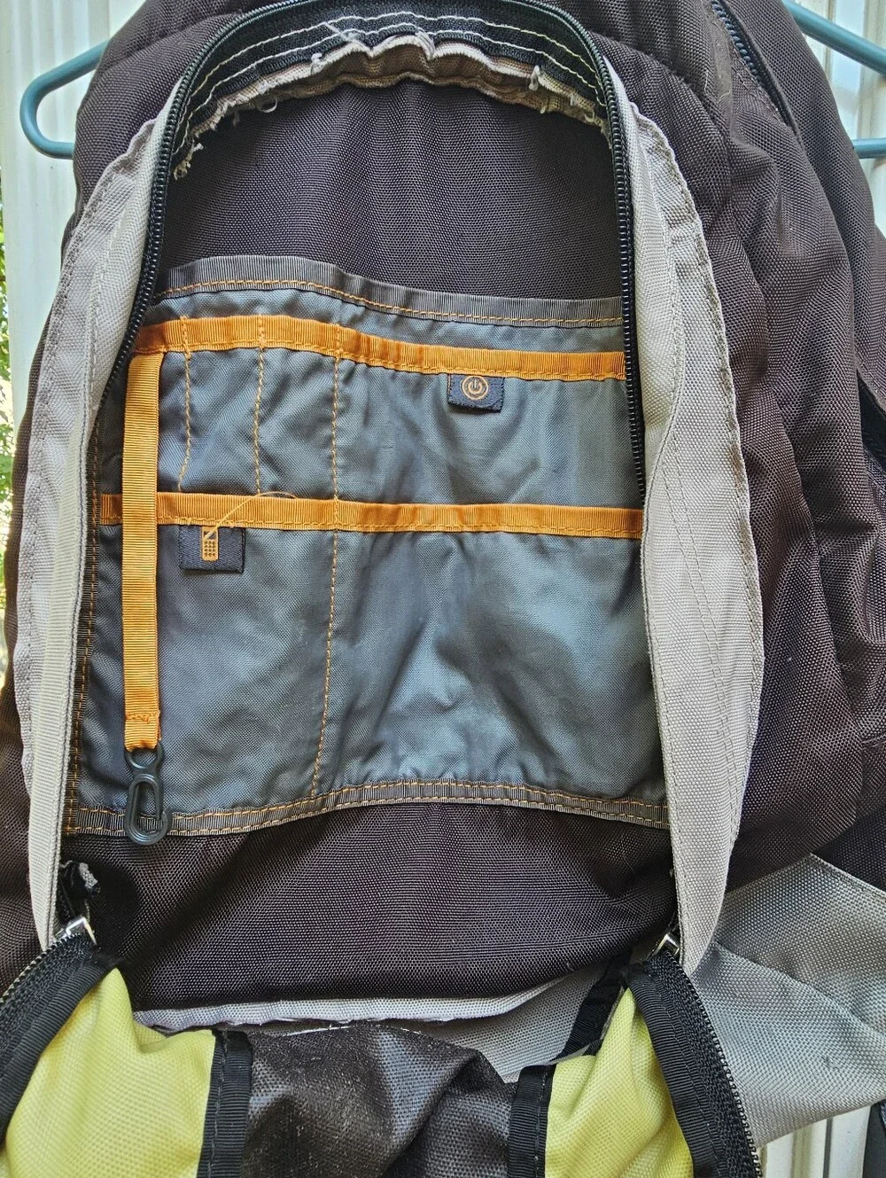 North Face Vault Backpack Brown Lime Green Embroidered Hiking Laptop Flaw Stains
